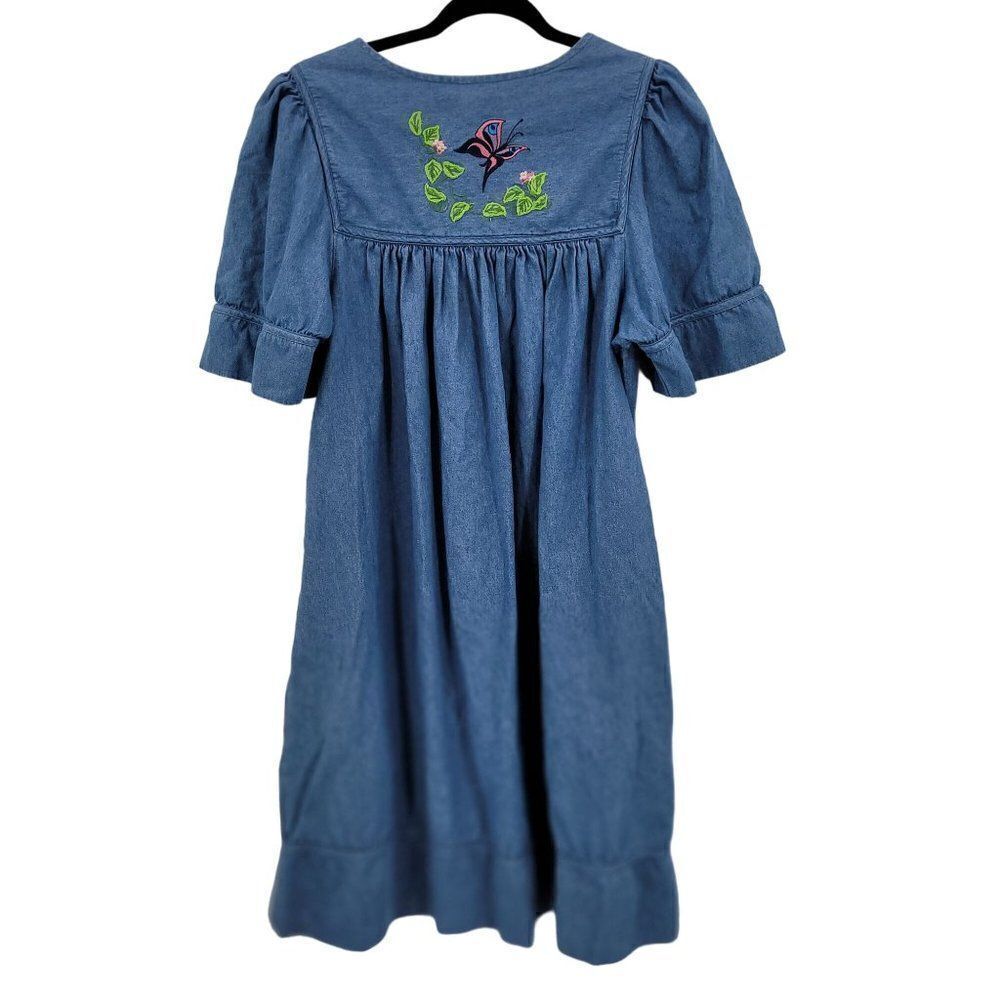Vintage Denim Midi Dress S Blue Floral Butterfly Embroidered Puff Sleeve Kidcore - Picture 10 of 16